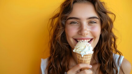 Woman with Brown Hair Smiling and Enjoying Ice Cream