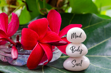 Mind, Body and Soul text engraved on white zen stones with zen flower and leaf background