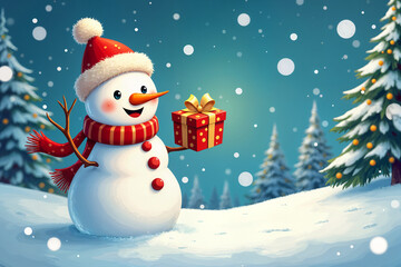 Obraz premium Cheerful snowman standing on a snowy surface, holding a gift box with hand and smiling broadly.