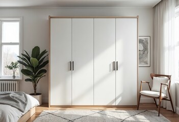 White wooden wardrobe in scandinavian style interior
