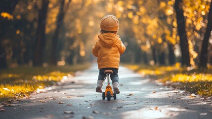 Fototapeta premium Little Kid Riding Scooter in Autumn Park