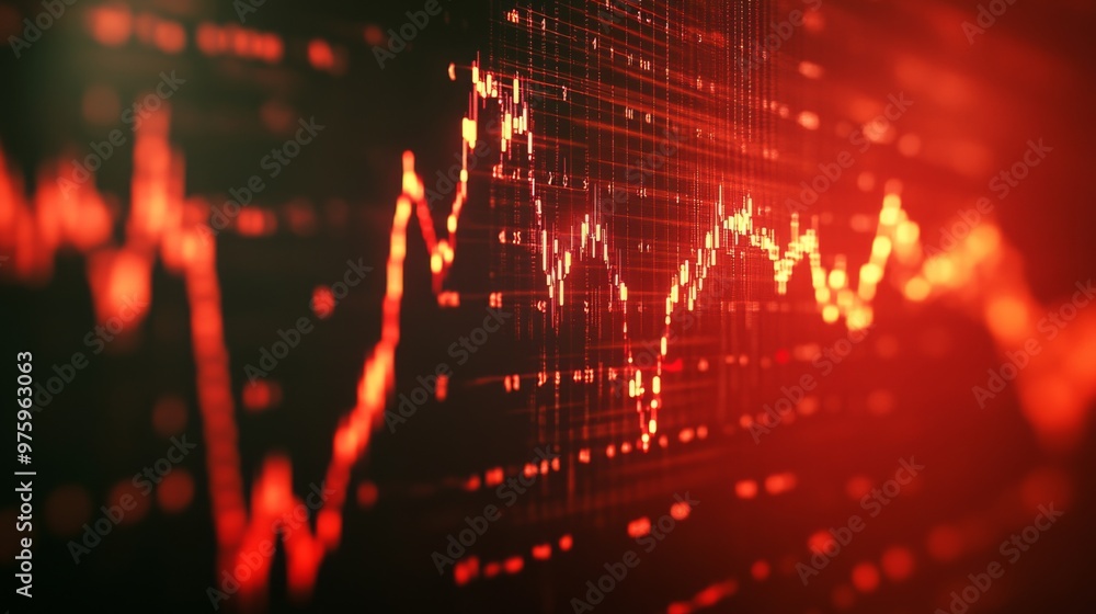 Poster A stock market graph with red and green lines, showing fluctuating trends on a screen. The close-up emphasizes the volatile nature of financial markets.