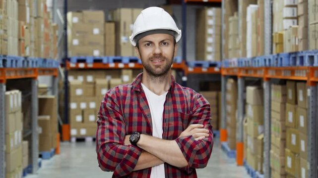 Handsome worker in hard hat looking at camera. Worker at background of rows of neatly stacked boxes. Warehouse concept. Logistics, delivery and distribution center.