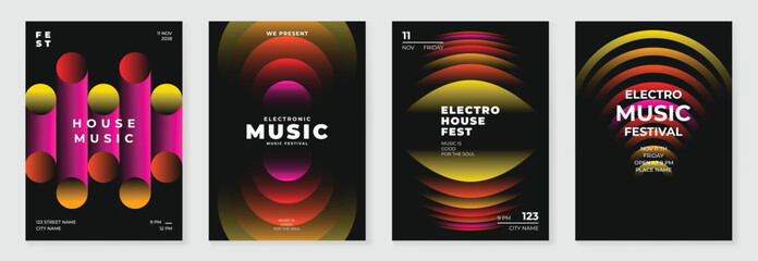 Music poster design background vector set. Electro Sound Cover template with vibrant abstract gradient geometric shape. Ideal design for social media, flyer, party, music festival, club.