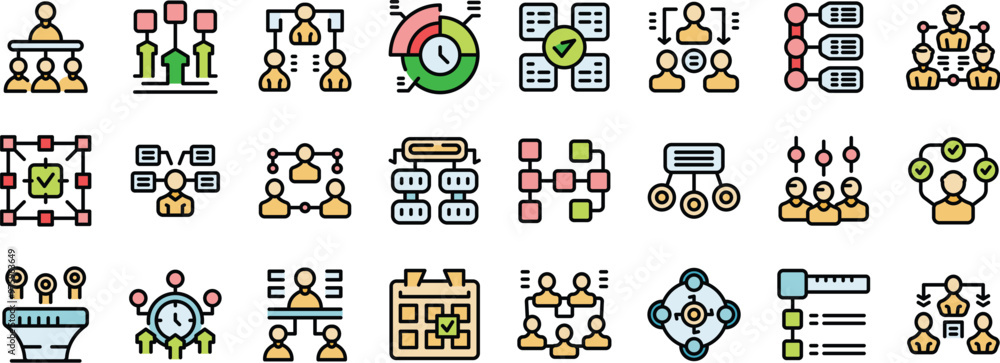 Poster this vector icon set features various aspects of business structures, hierarchies, and organizationa