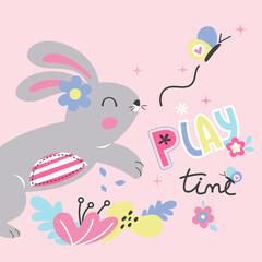 Beautiful rabbit cartoon playing on flower garden with little friends illustration vector.