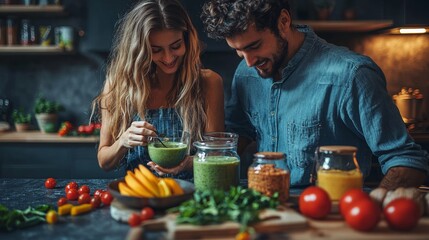 Happy Couple Enjoying Healthy Green Smoothie in Kitchen