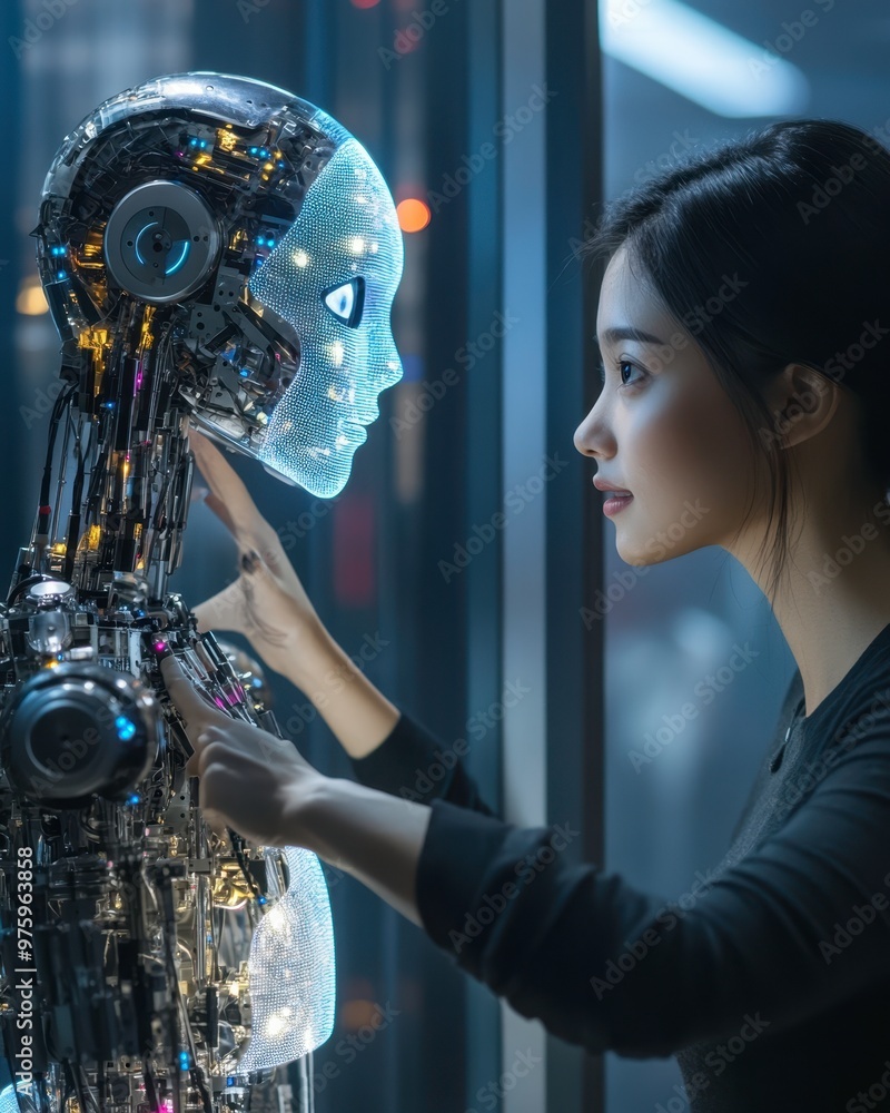 Aufkleber Artificial Intelligence Robot and Filipino Virtual Assistant Collaborating in a Modern Workspace