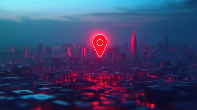 Illustration of a red navigation pin floating over a city skyline, symbolizing mapping, urban exploration, and location-based services.