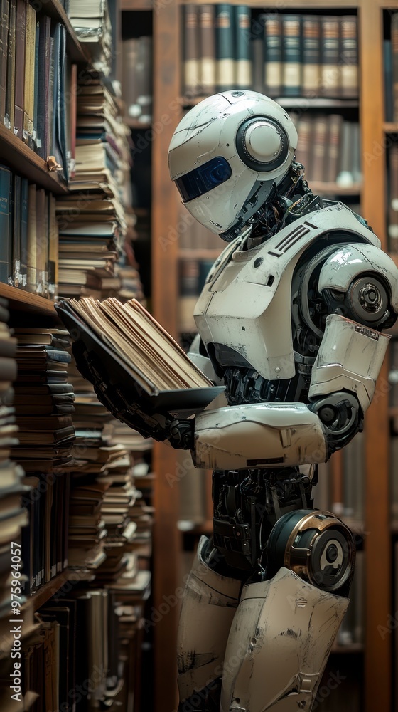 Poster Robot Exploring Books in a Quiet Library, Diligently Studying a Stack of Literature