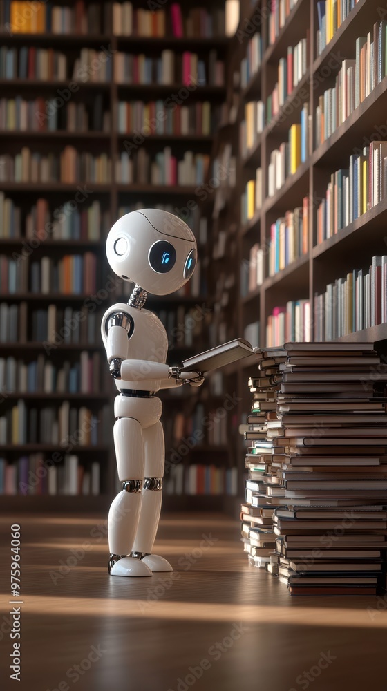 Aufkleber advanced robot explores bookshelves in a library while examining a stack of books