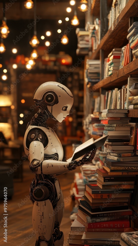 Poster advanced robot exploring books in a cozy library on a quiet evening