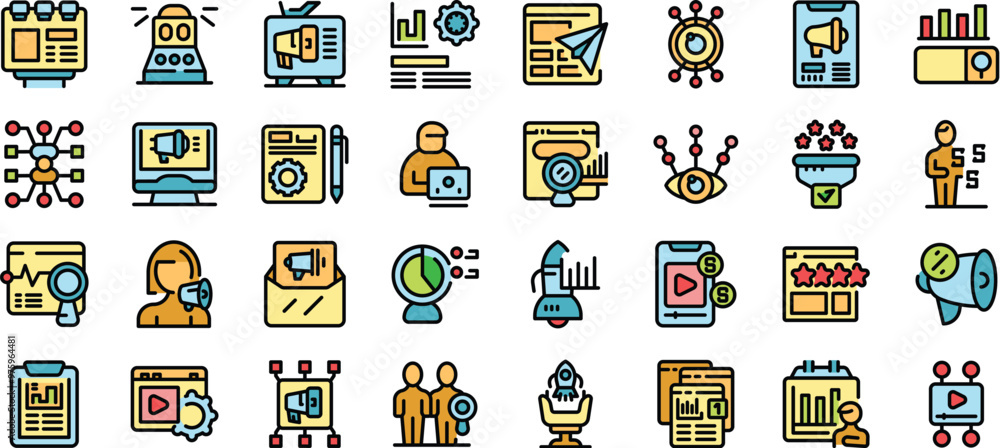 Poster this vector art set features colorful icons representing various aspects of digital marketing, empha