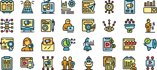 This vector art set features colorful icons representing various aspects of digital marketing, emphasizing the strategic use of content to engage audiences and achieve business objectives