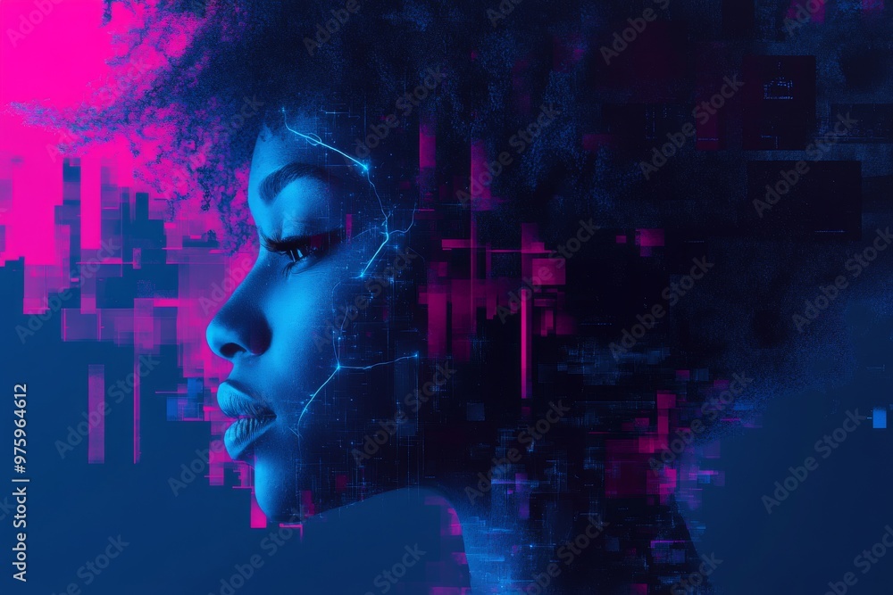 Poster digital profile of a woman’s face emerging from abstract data representing identity technology and t