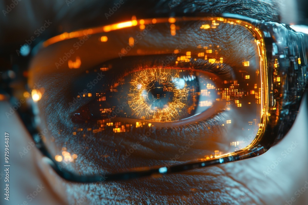 Poster close up of a glowing eye through a futuristic digital interface representing perception technology 
