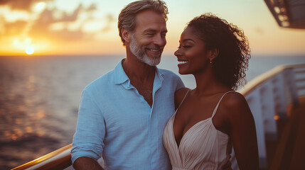 A handsome, middle aged, diverse couple who are stylishly dressed on a cruise ship balcony with the sea in the background at sunset