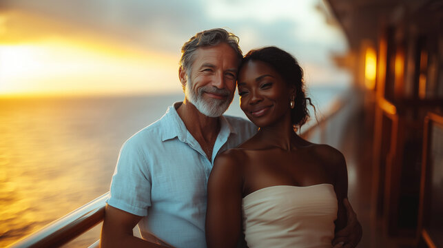 A handsome, middle aged, diverse couple who are stylishly dressed on a cruise ship balcony with the sea in the background at sunset