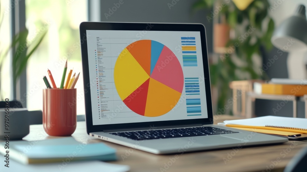 Leinwandbilder a vibrant 3d pie chart displayed on a sleek laptop screen, showing market share distribution with co