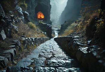 dark stone stairs going down and leading to the gates of hell, road to hell, gates of hell