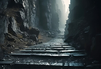 dark stone stairs going down and leading to the gates of hell, road to hell, gates of hell