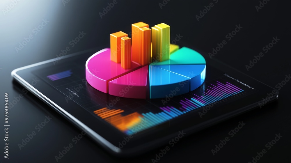 Poster a vibrant 3d pie chart popping out of a tablet screen, showcasing interactive data analysis with col