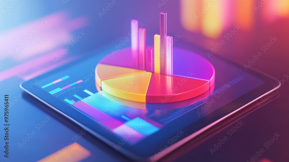 Poster a vibrant 3d pie chart popping out of a tablet screen, showcasing interactive data analysis with col