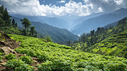 Fototapeta premium A lush Himalayan landscape with a variety of medicinal plants growing naturally among rocky terrain 