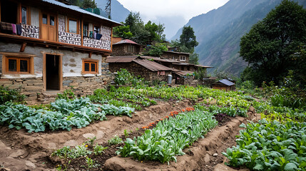 A picturesque Himalayan village with medicinal plants cultivated in small garden plots, emphasizing their importance to local health practices 