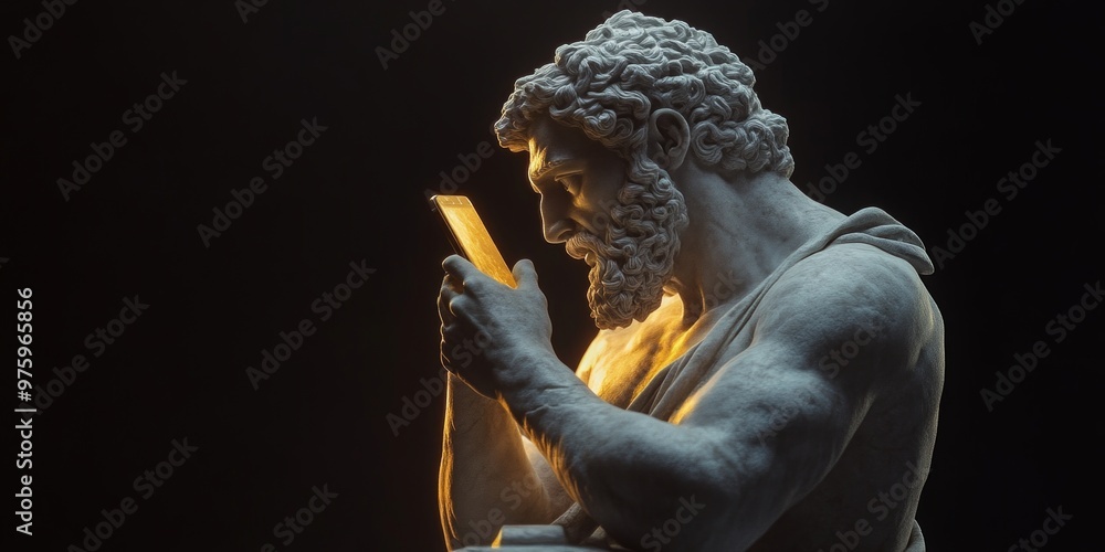 Poster a statue of a powerful figure examines a smartphone with an intense expression. this captivating pie
