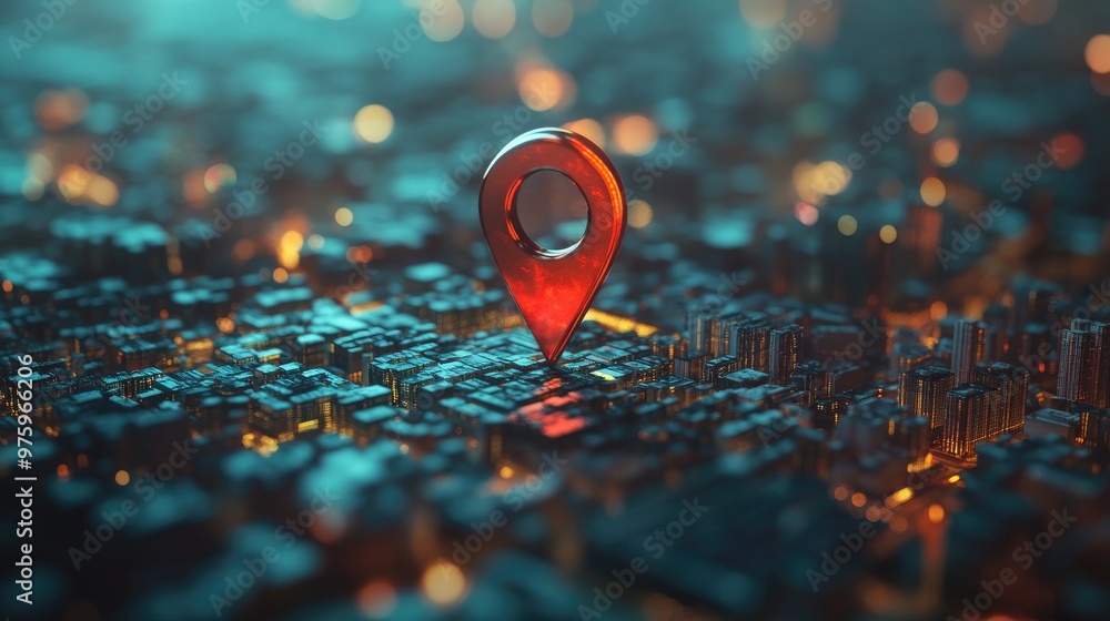 Poster stylized cityscape with a large red pin symbolizing navigation and mapping, representing technology 