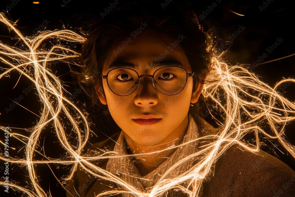Poster portrait of a man surrounded by glowing neural connections symbolizing intelligence data and the pow