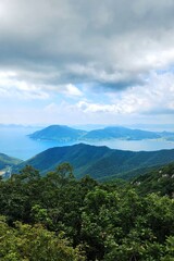 Hallyeohaesang National Park view from Geumsan Mountain. Namhae Geumsan. Boriam Buddhist temple. South Sea overlooking Geumsan, Gyeongsangnam-do, Korea.
