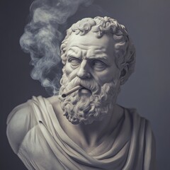 This image captures a stunning marble bust of a philosopher. The figure smokes a cigarette, giving it a modern twist. The detailed craftsmanship highlights wisdom and creativity. AI