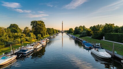 Scenic Canal View With Boats at Sunset in Summer