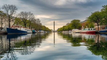 Obraz premium Scenic Canal View with Boats and Tower at Sunset