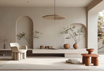 cozy lounge interior design, 3D rendering, minimalist design with soft chair,