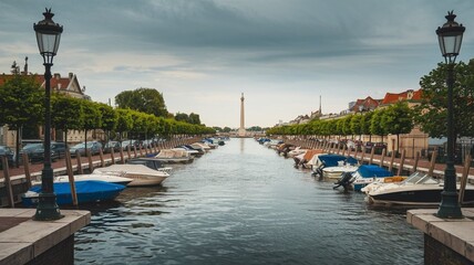 Fototapeta premium Scenic Canal View with Boats Along Tree-Lined Street