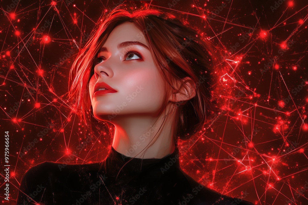 Poster woman glowing with red neural patterns representing mental energy power and the vibrant intensity of