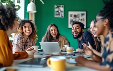 Colleagues Laughing at Desk in Modern Office