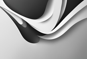 A modern, abstract design with fluid, curvilinear shapes. The dominant colors are shades of gray and black. The shapes appear to be layered, with some overlapping others, creating a sense of depth
