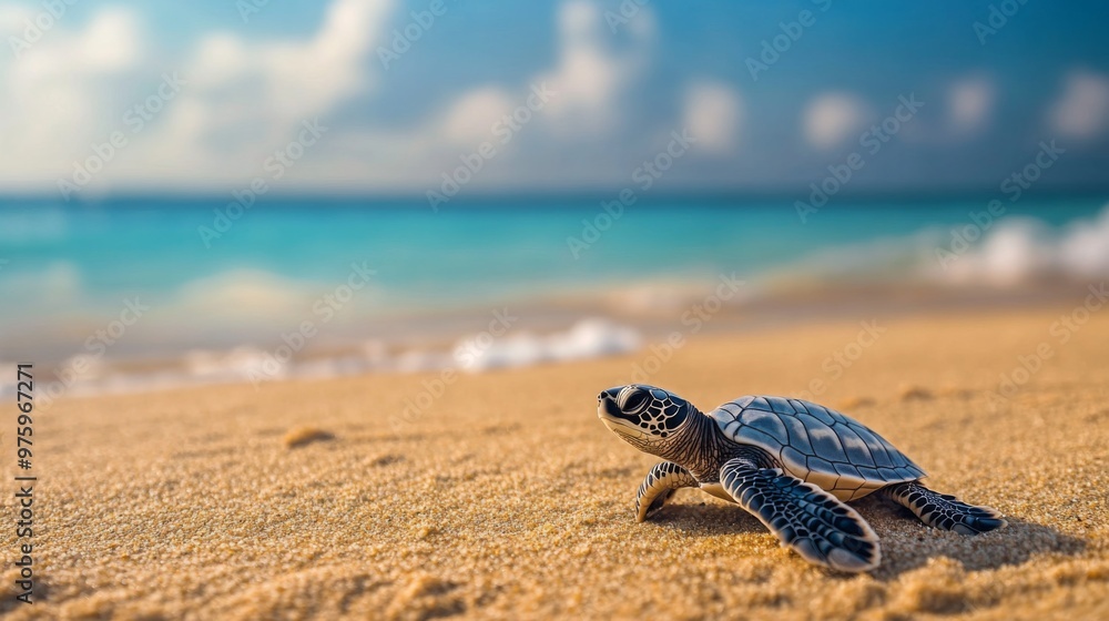 Poster A wide-angle view of a sea turtle hatchling making its way from the nest to the ocean, with a focus on the tiny turtle against a sandy beach backdrop.