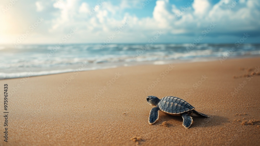 Poster A wide-angle view of a sea turtle hatchling making its way from the nest to the ocean, with a focus on the tiny turtle against a sandy beach backdrop.