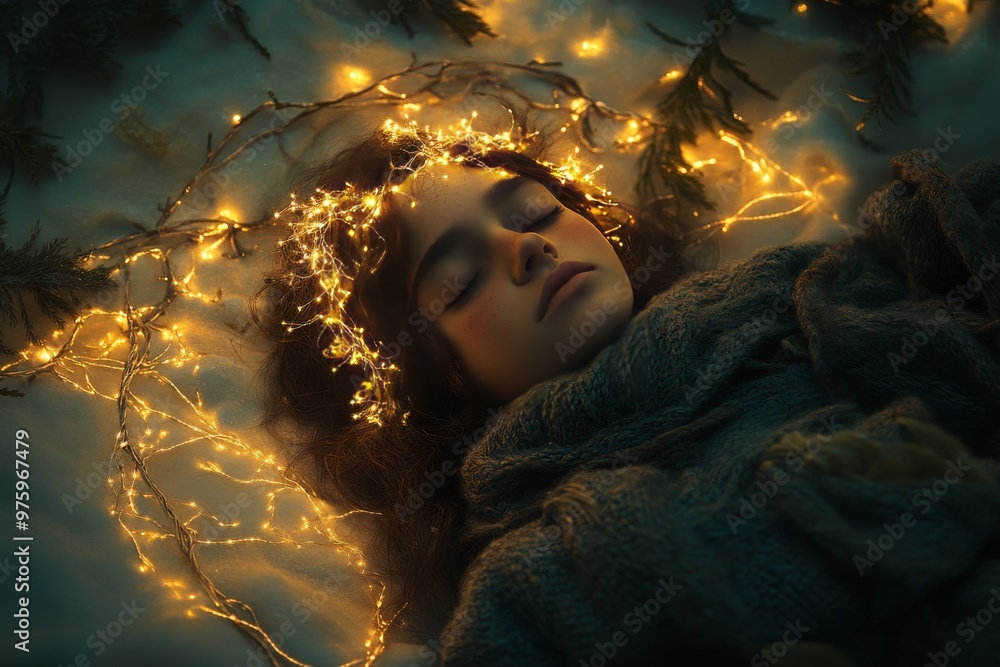 Poster woman lying in repose surrounded by a glowing web of neural circuits representing the energy of slee