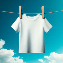 A white T-shirt is drying on a rope against the sky.