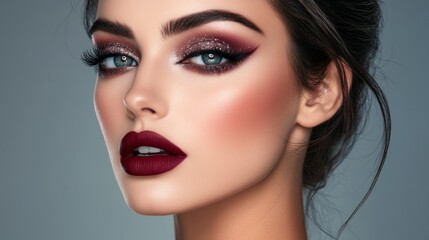 Fototapeta premium A woman with a striking evening makeup look, featuring deep burgundy lipstick, glittering eyeshadow, and defined brows, perfect for a night out or special occasion
