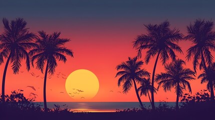 Stunning Sunset Behind Silhouetted Palm Trees on a Serene Beach with Gradient Sky