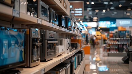 Microwaves and other appliances on shelves in a store