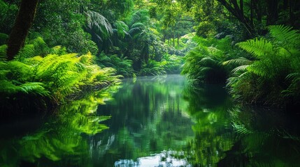 Obraz premium Serene water surrounded by lush greenery, with gentle reflections creating a calming and picturesque natural setting.