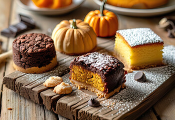Delicious pumpkin and lemon filled cake, laced with rich chocolate and dusted with powdered sugar, freshly baked and stacked on a wooden table